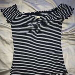 Tight blue and white off the shoulder top